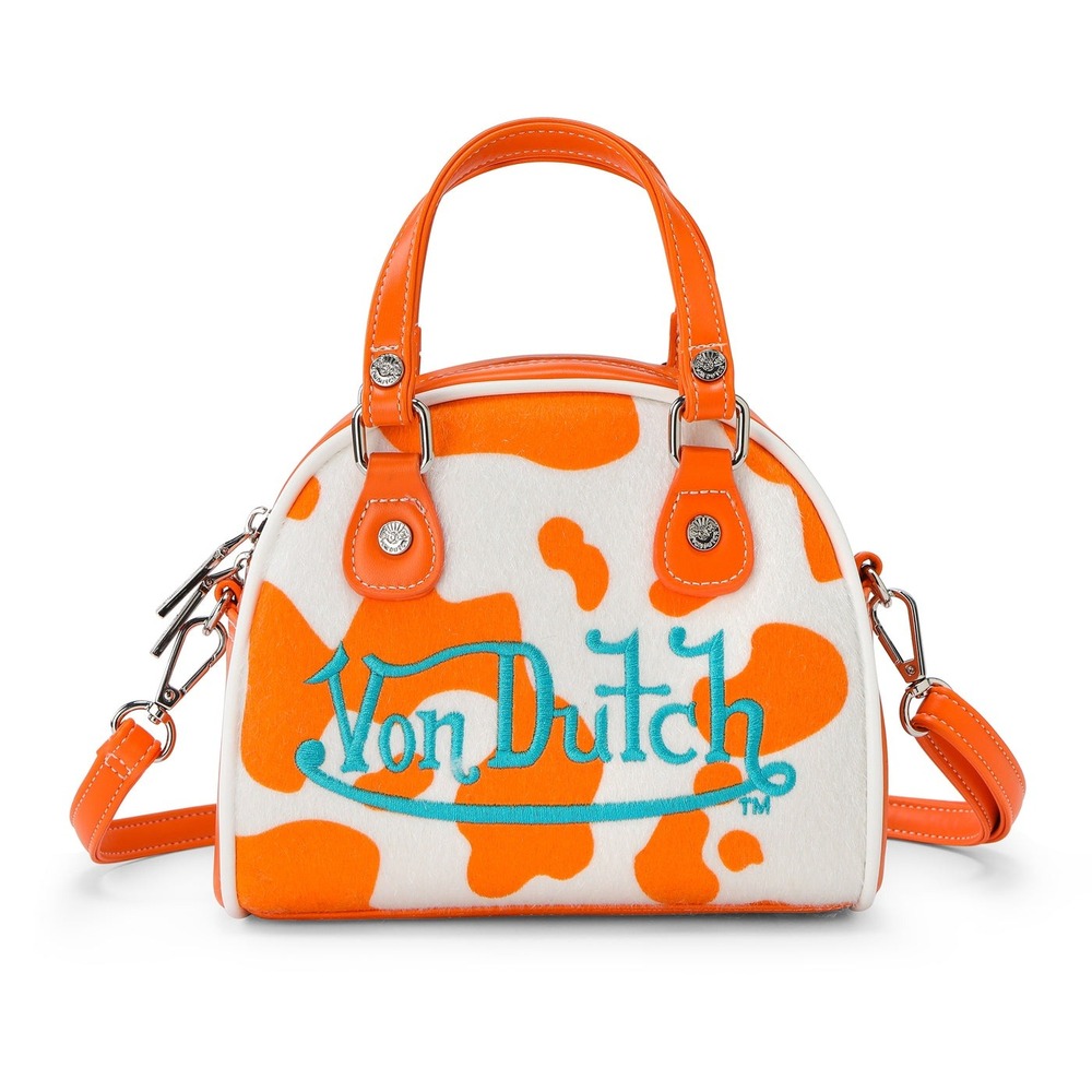Von Dutch Orange White Cow Print Faux Fur Mini Bowling Bag Y2K Crossbody